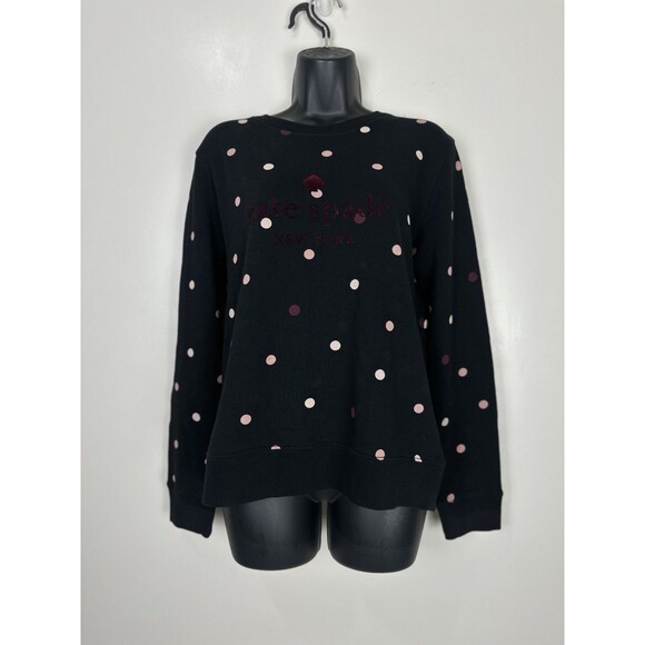 Kate Spade Bakery Cotton Sweatshirt Sz S Black Pink Polka Dot Crew Neck Pullover - Picture 2 of 11